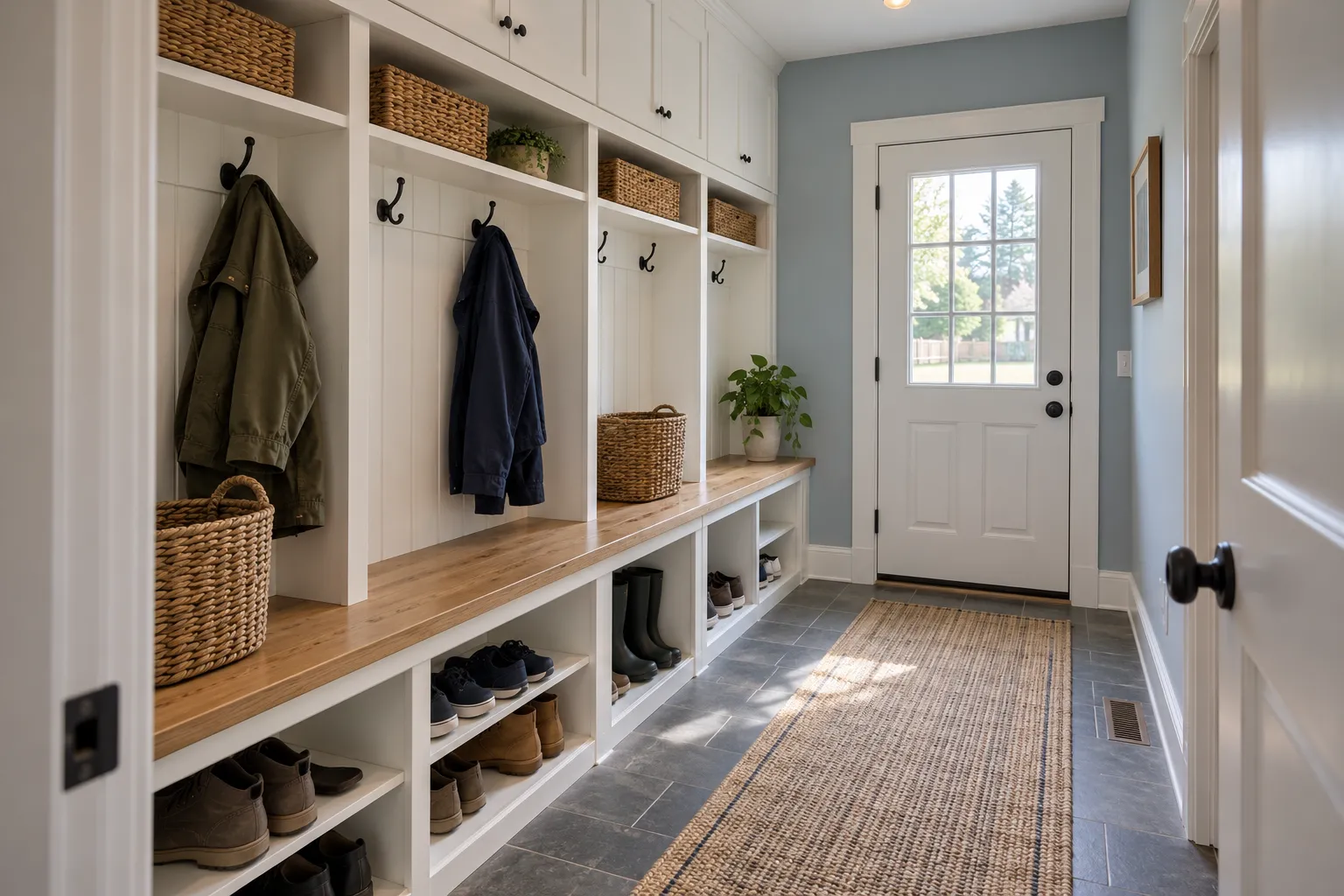 Mudroom with white built-in cubbies, wood bench, coat hooks and shoe storage, home remodeling